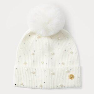 Lilly Pulitzer Embellished snow Hat Pom-Pom Beanie Fur Knit White Coconut NWT